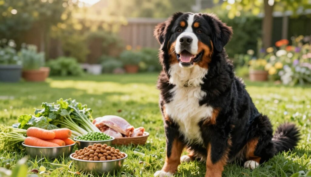 A healthy Bernese Mountain Dog sitting on a grassy lawn, surrounded by bowls of nutritious dog food, including fresh vegetables and high-quality kibble. In the foreground, the dog looks vibrant and energetic, with a shiny coat and a happy expression. The middle ground shows an arrangement of various healthy ingredients, including carrots, peas, and chicken, indicating a balanced diet. The background features a peaceful garden scene with soft sunlight filtering through the trees, creating a warm and inviting atmosphere. The angle is slightly tilted downwards, giving a close-up view of the dog and its meal, emphasizing the importance of nutrition in promoting longevity and health. The overall mood is lively and hopeful, highlighting a diet that supports the well-being of the Bernese Mountain Dog.