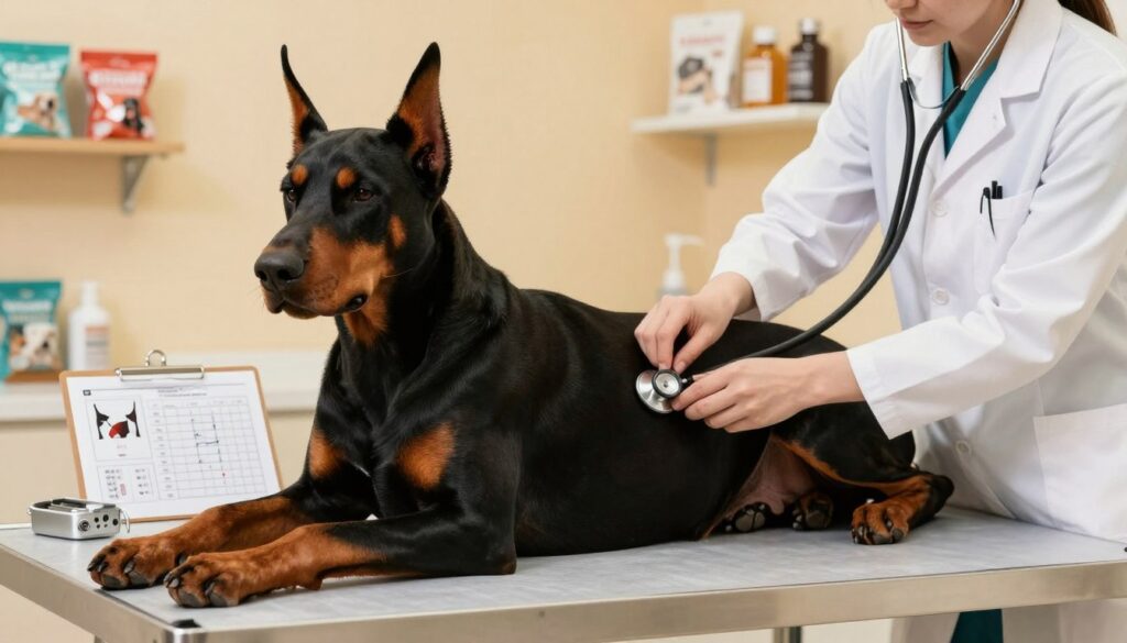 A healthy Doberman lying on an examination table in a veterinary clinic. The foreground shows the Doberman looking calm and composed, with an attentive veterinarian examining the dog's heart using a stethoscope. In the middle ground, a variety of medical tools and charts related to canine health are visible, emphasizing the theme of preventive health checks. The background features bright, warm lighting that creates a welcoming and professional atmosphere, with shelves holding dog care products and healthy treats. The image captures the importance of regular check-ups throughout a Doberman's life, conveying a sense of safety and well-being for the breed.