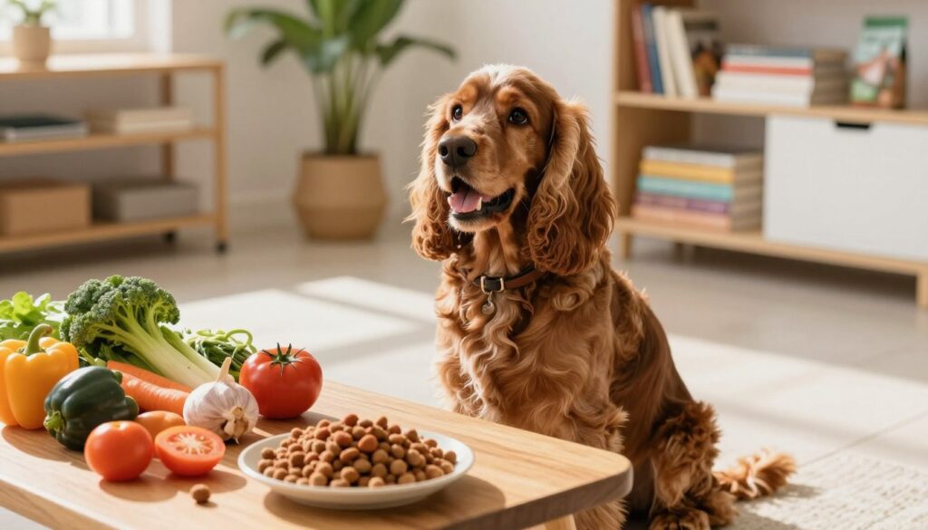 A healthy cocker spaniel sitting on a bright, sunlit kitchen floor, eagerly watching a colorful array of nutritious dog food and fresh vegetables displayed on a wooden table nearby. The dog has shiny fur and a playful expression, embodying vitality and joy. In the background, shelves filled with pet nutrition books and a potted plant create a warm, inviting atmosphere. The lighting is soft and natural, highlighting the dog's features and the vibrant colors of the food. The angle is slightly above, capturing both the cocker spaniel and the food spread, emphasizing their importance in supporting the dog's health and longevity. The overall mood is cheerful and wholesome, promoting a sense of care and well-being.