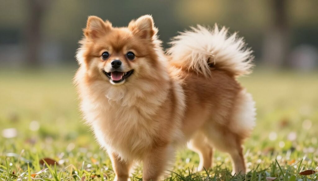 A healthy, miniaturized Spitz dog in a well-lit, natural setting, showcasing its distinctive fluffy coat and alert demeanor. The foreground features the dog standing proudly, with its expressive eyes and perked ears reflecting vitality and a playful spirit. The middle ground includes a soft grassy area, enhancing the sense of liveliness and health. In the background, a serene, blurred park scene hints at a safe environment for dogs, suggesting good living conditions. The lighting is warm and inviting, simulating a sunny day, which accentuates the dog's features and coat texture. The overall mood is cheerful and energetic, emphasizing the breed's lively character while subtly alluding to discussions about health and longevity.