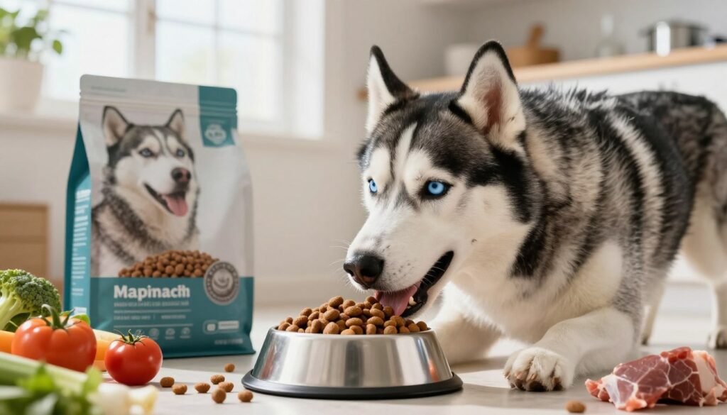 A high-quality image of a healthy Husky dog eagerly enjoying a bowl of premium dog food specifically formulated for large, active breeds. In the foreground, the Husky, with its striking blue eyes and thick fur, is depicted with an inviting, energetic pose, as it happily nibbles on the kibble, surrounded by natural ingredients like fresh vegetables and meats typical for dog nutrition. The middle ground features a stylish and clean dog food bowl, emphasizing quality, while the background showcases a bright, sunny kitchen setting with light streaming through a window, creating a warm and inviting atmosphere. The overall mood reflects vitality and well-being, conveying the importance of proper nutrition in supporting the Husky's long life and activity needs.