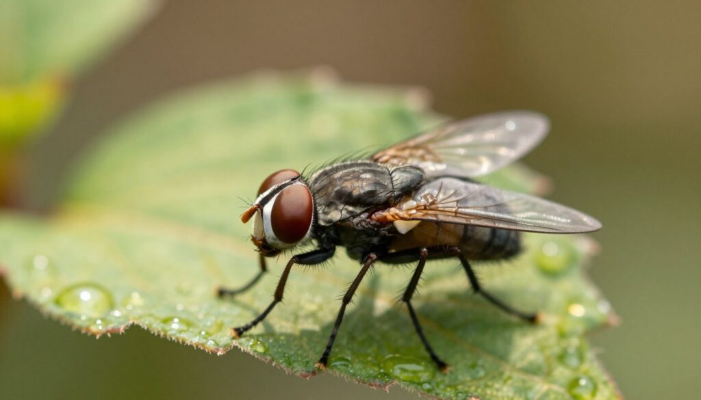 A highly detailed close-up of a Musca domestica, commonly known as the house fly, perched on a leaf. The foreground features the fly with its compound eyes and iridescent wings glistening under soft natural sunlight, showcasing intricate patterns on its body. In the middle ground, the leaf displays dewdrops, emphasizing a morning atmosphere, while hints of additional foliage blur softly to portray depth. The background fades into a gentle bokeh effect of greens and browns, suggesting a natural habitat. The lighting is warm and inviting, creating a serene yet informative mood, perfect for illustrating the life cycle of this resilient fly and its survival capabilities without food. The composition should be sharp, capturing the fly's texture and the subtle details of its environment.