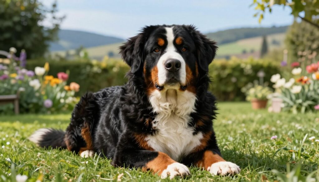 A large, majestic Bernese Mountain Dog resting on a lush green lawn, radiating health and vitality. The dog has a shiny, thick black, white, and rust-colored coat, with an intelligent expression in its warm brown eyes. In the foreground, focus on the dog's strong frame and long paws, reflecting its gentle giant nature. In the middle ground, include a serene garden setting, with blooming flowers and soft sunlight filtering through the leaves, creating a warm and inviting atmosphere. The background features a distant view of rolling hills under a clear blue sky, symbolizing a peaceful outdoor lifestyle. The overall mood is calming and reassuring, capturing the essence of a healthy, well-cared-for dog. No text or watermarks are present.