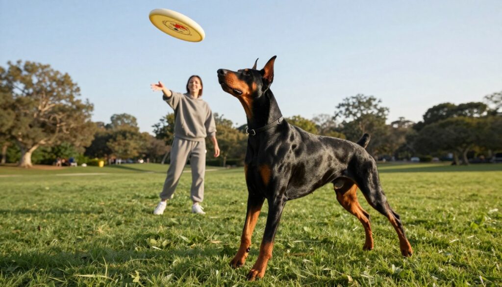A lively Doberman in an open green park, engaging in playful activity with a frisbee, showcasing its athleticism and intelligence. The foreground features the Doberman mid-leap, its muscular body captured in detail, glistening under the soft morning sunlight. In the middle ground, a person in casual athletic wear throws the frisbee, smiling to emphasize the bond between human and dog. The background reveals a serene landscape with trees and a clear blue sky, creating a sense of tranquility. The scene is vibrant and energetic, evoking a sense of joy and vitality, highlighting the importance of physical and mental stimulation for the dog's well-being and longevity. Use natural lighting to enhance the colors and emphasize the dog's sleek coat.