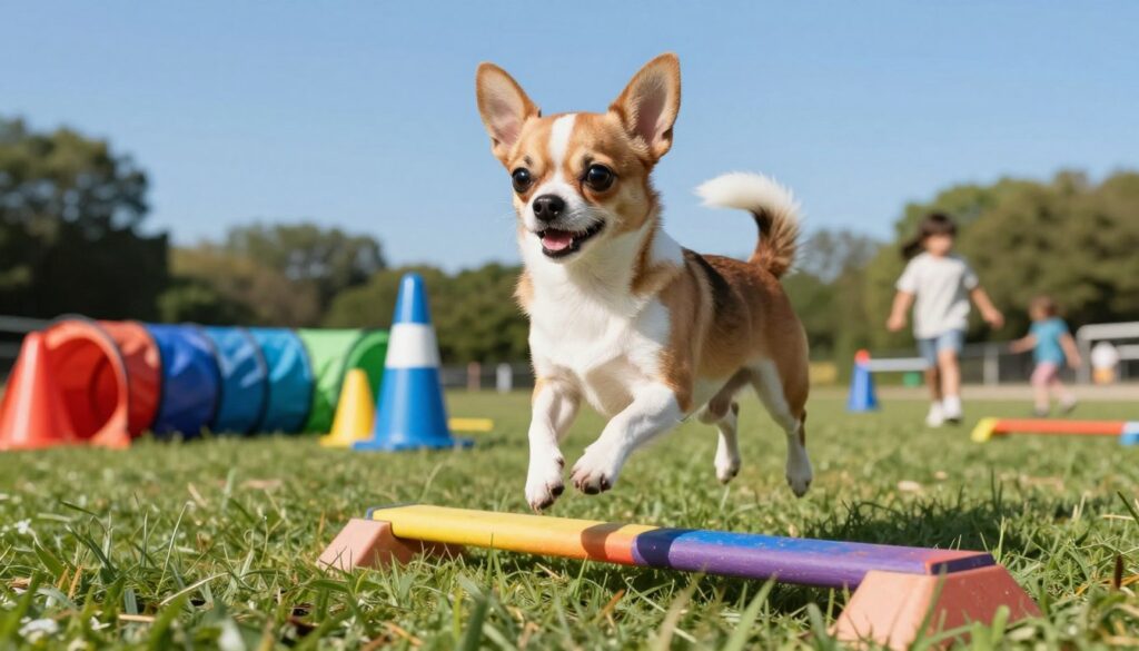 A lively chihuahua engaged in playful physical activity, showcasing its energy and agility. In the foreground, the chihuahua, with a shiny coat of fawn and white, leaps joyfully over a small colorful obstacle set on a grassy field. Its ears are perked up, reflecting excitement, and its expression is lively. In the middle ground, a vibrant assortment of toys and agility equipment, like cones and tunnels, adds to the dynamic scene. In the background, a sunny park setting with a clear blue sky and a few playful children running, adding an element of liveliness. The lighting is bright and cheerful, enhancing the playful mood. Shot with a lens that captures vivid colors and sharp details in a slightly elevated angle, creating a sense of movement and activity.