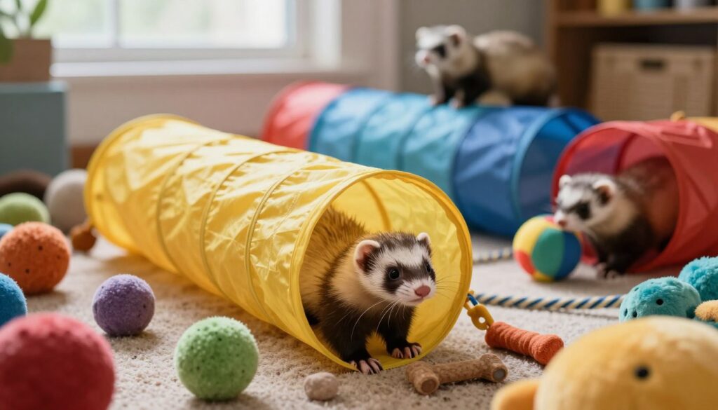 A lively indoor scene featuring ferrets playfully exploring an array of colorful toys and tunnels designed specifically for them. In the foreground, a ferret with a glossy coat is curiously peeking out from a vibrant yellow tunnel, surrounded by plush toys and chewables. The middle ground should show more ferrets engaging with interactive toys, such as balls and ropes, while exploring additional tunnels of various sizes and colors. In the background, soft natural light filters through a window, creating a warm and inviting atmosphere. Use a close-up angle to capture the vibrant details and textures of the toys and ferrets, evoking a sense of joy and active playfulness, reflecting the essential need for movement and stimulation in ferrets' lives.