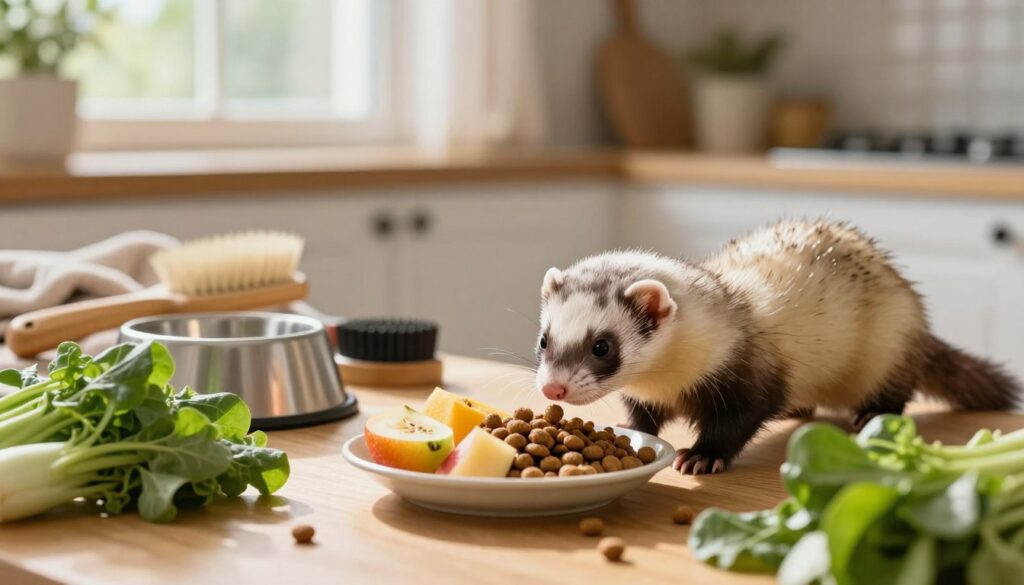 A lively, playful scene featuring a young ferret interacting with an enticing variety of nutritious foods in a cozy, well-lit kitchen setting. In the foreground, the ferret energetically sniffs at a small dish filled with fresh fruits and high-quality kibble, surrounded by vibrant green leafy vegetables. The middle ground displays a wooden table adorned with pet care items like a water bowl, grooming brush, and a soft blanket. In the background, natural sunlight filters through a window, casting warm, inviting rays and illuminating the environment. The overall atmosphere conveys a sense of health, vitality, and nurturing care, emphasizing the importance of proper feeding habits for young ferrets. The use of soft focus on the background adds depth, creating an intimate yet vibrant depiction of responsible pet ownership.