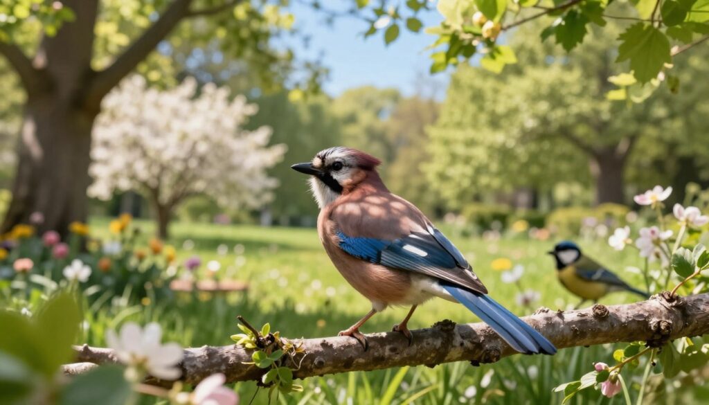 A lively scene depicting a Eurasian jay (sójka) perched on a branch in a vibrant forest setting, surrounded by rich green foliage and blooming wildflowers. The jay should display its striking blue wing feathers against the dappled sunlight filtering through the trees, creating a warm and inviting atmosphere. In the foreground, add delicate leaves and twigs to enhance depth, while in the middle ground, illustrate a blossoming park with soft grass and a small garden where jays might forage. The background should feature sunlit trees extending into a clear blue sky, suggesting a serene environment. Capture this moment with a soft focus lens for a dreamy effect, conveying the playful and clever nature of the jay. The image must evoke a peaceful, cheerful mood, perfect for celebrating its habitat.