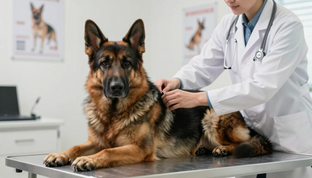 A long-haired German Shepherd lying on a veterinarian's examination table in a bright, well-lit clinic. The dog appears calm and attentive, with its fur glistening under soft, natural lighting that highlights its features. A veterinarian, dressed in a formal white coat, gently examines the dog's joints, showcasing a professional and caring interaction. In the background, medical tools and posters about canine health are subtly placed on the walls, reinforcing the theme of veterinary care. The atmosphere is reassuring and focused, emanating warmth and trust, emphasizing the importance of preventative care in enhancing the dog's longevity. The photo is captured from a mid-angle, ensuring both the dog and vet are prominently visible, stressing their connection and commitment to health and well-being. A long-haired German Shepherd lying on a veterinarian's examination table in a bright, well-lit clinic. The dog appears calm and attentive, with its fur glistening under soft, natural lighting that highlights its features. A veterinarian, dressed in a formal white coat, gently examines the dog's joints, showcasing a professional and caring interaction. In the background, medical tools and posters about canine health are subtly placed on the walls, reinforcing the theme of veterinary care. The atmosphere is reassuring and focused, emanating warmth and trust, emphasizing the importance of preventative care in enhancing the dog's longevity. The photo is captured from a mid-angle, ensuring both the dog and vet are prominently visible, stressing their connection and commitment to health and well-being.