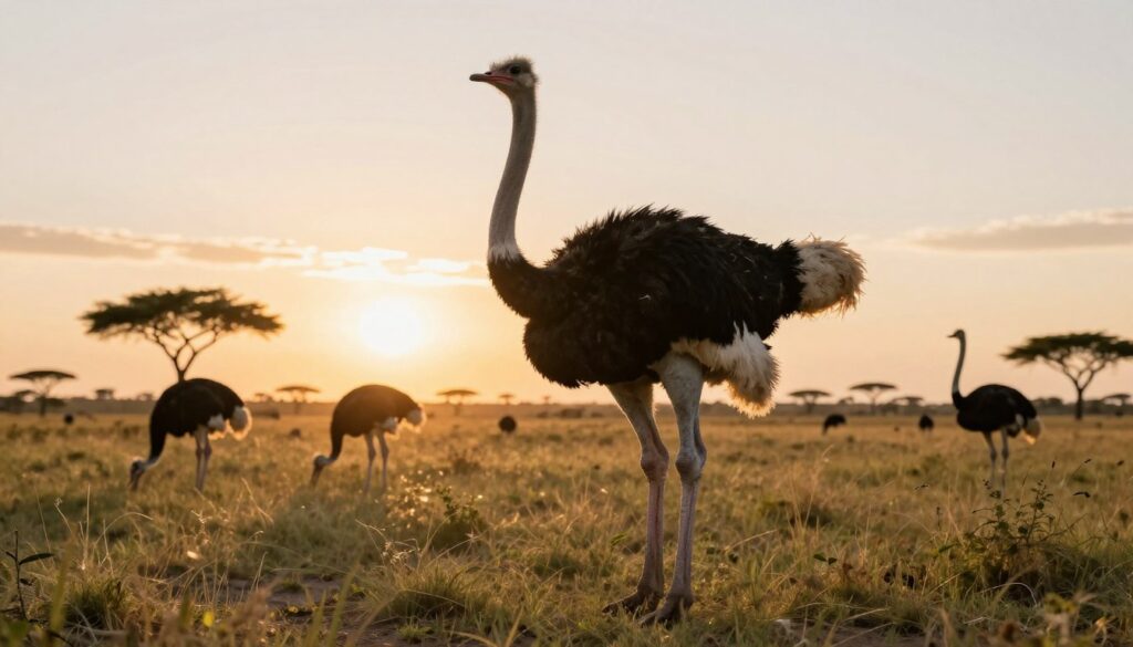 A majestic African ostrich stands prominently in the foreground, its stunning feathers displaying rich black and white colors that contrast against a vibrant savannah backdrop. The ostrich's powerful legs are captured mid-stride, conveying a sense of movement and vitality. In the middle ground, a few other ostriches can be seen grazing peacefully, blending harmoniously with their surroundings. The background showcases a golden sunset, casting warm, soft light over the entire scene, illuminating the grasses and creating a serene atmosphere. The perspective is slightly low-angle, emphasizing the ostrich's height and grandeur. The mood is tranquil yet lively, epitomizing the beauty and essence of wildlife in natural habitats.