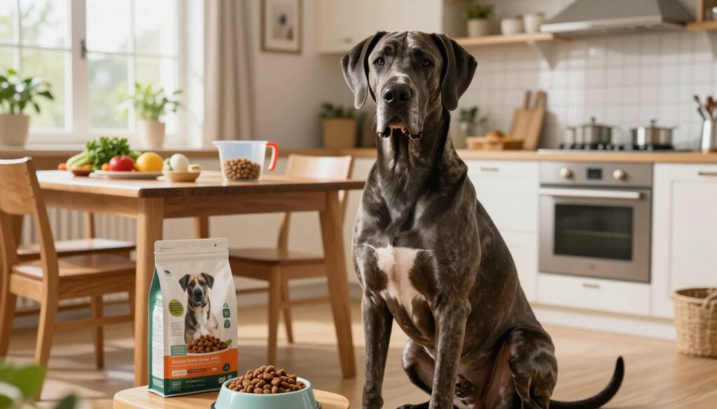 A majestic Great Dane sitting gracefully in a well-lit kitchen, surrounded by bowls of high-quality dog food and fresh vegetables, emphasizing a nutritious diet. In the foreground, the dog's sleek coat gleams under soft overhead lighting, highlighting its healthy physique. The middle ground features a wooden dining table adorned with dog nutrition books and a measuring cup, suggesting a thoughtful approach to feeding. In the background, a serene atmosphere is created with warm, inviting kitchen elements such as sunlit windows, house plants, and pet accessories. The overall mood is one of care and wellness, reflecting the importance of a balanced diet for the dog's health and longevity. Focus on crisp details and soft shadows to enhance the inviting ambiance.