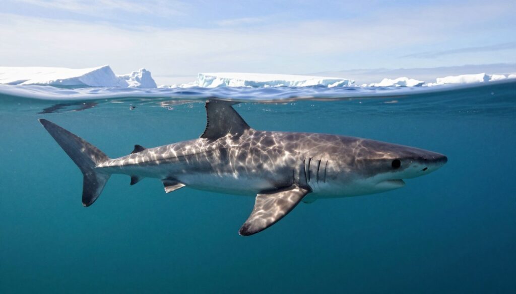 A majestic Greenland shark (Somniosus microcephalus) swimming gracefully in a crystal-clear Arctic ocean. In the foreground, detail the shark's unique features: its long, slender body and small head, with a mix of grey and mottled hues reflecting its deep-sea habitat. In the middle ground, illustrate a slightly turbulent water surface, where light streams down, creating intriguing patterns of shadows and highlights that enhance the mystical ambiance. In the background, show an icy seascape with floating ice chunks and a distant horizon under a pale blue sky, suggesting an eternal, serene atmosphere. Aim for soft, natural lighting, capturing an underwater perspective with a slight upward angle, evoking a sense of awe and majesty in the viewer.