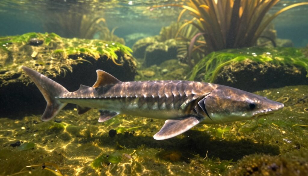 A majestic ancient sturgeon swimming gracefully in a prehistoric river, showcasing its elongated body and distinctive bony plates. The foreground presents detailed textures of the fish's scales and fins, glistening under soft, dappled sunlight filtering through the water's surface. In the middle ground, rocky riverbed formations covered with lush, green algae create a vibrant habitat. The background features a serene underwater landscape, with hints of large, ancient plants reminiscent of the Mesozoic era. The lighting is warm and inviting, casting an ethereal glow that evokes a sense of timelessness. The overall mood is tranquil and reflective, emphasizing the longevity and resilience of this species over millions of years.