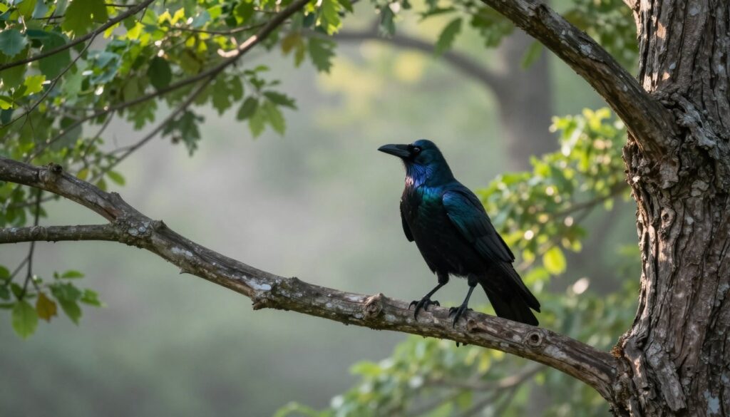 A majestic black crow perched on a gnarled branch of an ancient tree, surrounded by vibrant greenery typical of a forest in the early morning light. The crow, with iridescent feathers reflecting shades of blue and green, gazes thoughtfully into the distance, symbolizing its intelligence and adaptability in nature. In the middle ground, a soft mist lingers, creating an ethereal look, while dappled sunlight filters through the leaves above. The background features a tapestry of blurred trees and foliage, enhancing the depth of the scene. The image should capture a serene and contemplative mood, showcasing the crow in its natural habitat, emphasizing the theme of life and longevity in the wild.