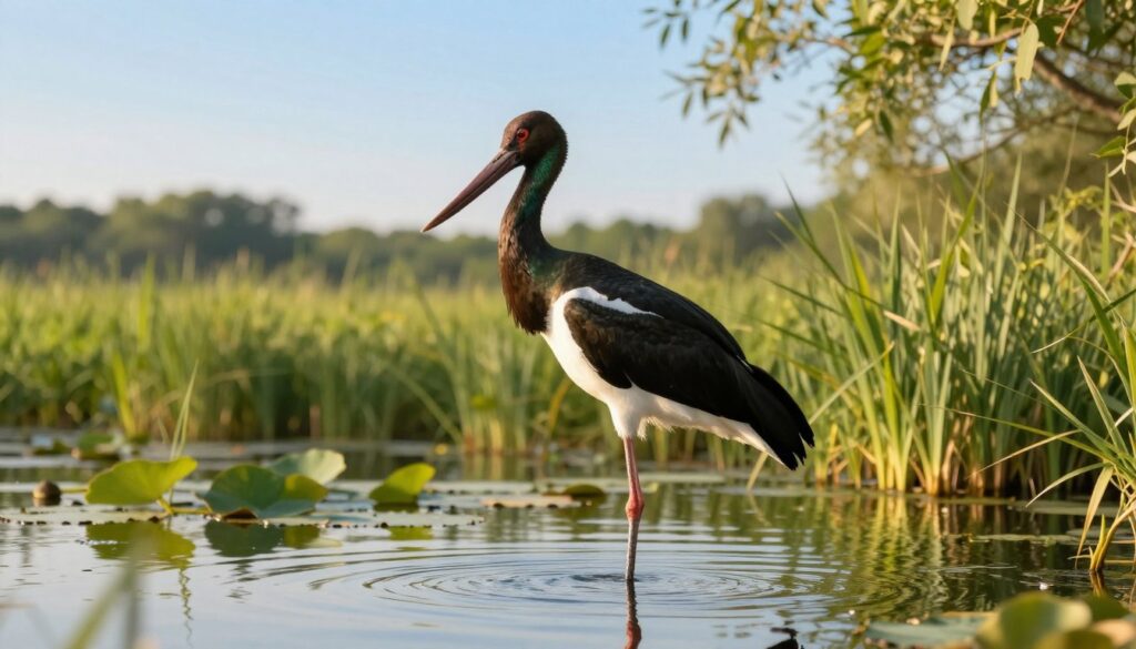 A majestic black stork (Ciconia nigra) stands elegantly amidst a lush, green wetland, showcasing its striking glossy black feathers and vibrant white belly. The foreground features the stork with its long, slender legs gracefully poised in shallow water, reflecting the sunlight. In the middle ground, a few reeds and lily pads dot the serene water surface, while a soft ripple effects suggest gentle movement. The background reveals a serene landscape with a distant forest under a clear blue sky, illuminated by warm, golden sunlight filtering through the leaves, casting a tranquil atmosphere. The overall mood is peaceful and natural, emphasizing the beauty and uniqueness of this bird species without distractions or additional elements.