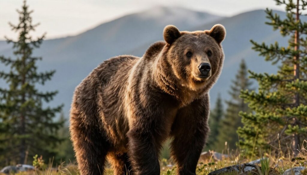 A majestic brown bear stands prominently in the foreground, showcasing its rich, thick fur glistening under soft, golden sunlight. The bear is slightly turned, allowing a clear view of its powerful physique and inquisitive gaze, depicting strength and wisdom. In the middle ground, dense pine trees frame the bear, their lush foliage adding depth to the scene. The background features a serene, mountainous landscape with mist softly rolling over the peaks, enhancing the natural habitat of the bear. The atmosphere is tranquil yet wild, infused with the sounds of nature, evoking a sense of peaceful coexistence. Use a low-angle shot to emphasize the bear’s grandeur against the backdrop, ensuring the lighting highlights its fur texture and the surrounding environment, creating an intimate glimpse into its life in the wild.