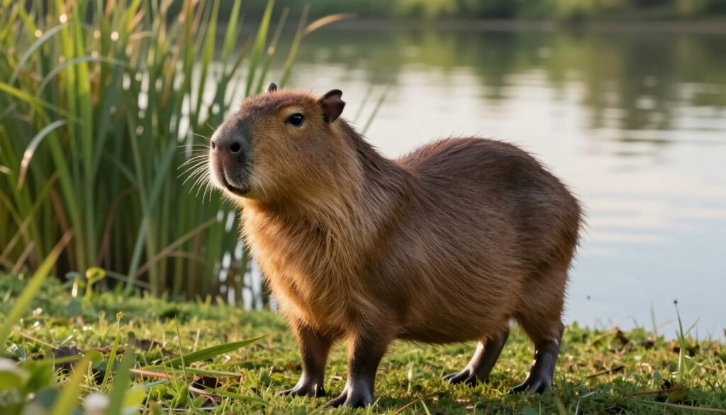 A majestic capybara, the world's largest rodent, depicted gracefully in a lush, green habitat by a serene water source. The foreground showcases the capybara standing, its rich brown fur glistening under soft, natural sunlight, highlighting its muscular build and large, expressive eyes. In the middle ground, gentle reeds sway in a slight breeze, creating a serene atmosphere. The background features a tranquil lake with reflections of the sky, adding depth to the scene. The lighting is warm and inviting, suggesting a peaceful afternoon. The camera angle is slightly low, emphasizing the size of the capybara against the surrounding foliage, capturing its unique body features that contribute to its survival in the wild.