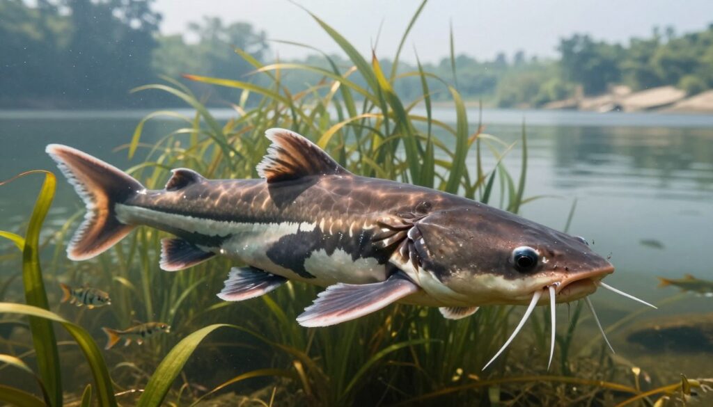 A majestic catfish, known for its impressive size, swims gracefully through a tranquil river setting. In the foreground, showcase the catfish with an elongated, robust body showcasing its distinctive whiskers and sleek fins. The fish's scales shimmer under soft sunlight filtering through the water, highlighting its large, powerful form. In the middle ground, lush aquatic plants sway gently, providing a natural habitat impression, while a few small fish dart around, illustrating the scale of the catfish. In the background, faint silhouettes of trees and a serene riverbank complete the scene, creating a peaceful environment. Capture the image from a slightly above angle, emphasizing the catfish's extraordinary length and mass, while maintaining a calm, immersive atmosphere. The lighting should be soft and natural, evoking a sense of tranquility and wonder in this aquatic world.