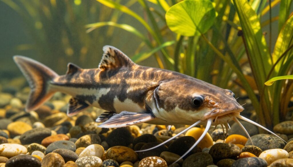A majestic catfish swims gracefully in a serene freshwater lake, surrounded by lush aquatic plants and dappled sunlight filtering through the water's surface. The foreground features the catfish close-up, showcasing its distinctive whiskers and texture of its smooth skin. In the middle ground, vibrant green water lilies and colorful pebbles add depth and beauty to the scene, while in the background, soft shadows of underwater vegetation provide a sense of tranquility. The image captures the essence of this ancient species, symbolizing longevity in nature, with a warm golden hue illuminating the water, creating an inviting and peaceful atmosphere. The composition is framed from a low angle, emphasizing the size and majesty of the fish as it epitomizes the mystery of its life span.
