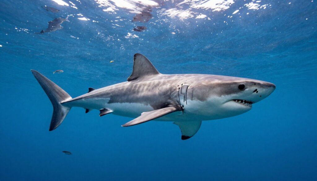 A majestic great white shark gliding gracefully through clear blue waters, showcasing its powerful form and sleek silhouette. In the foreground, the shark is captured in a dynamic swimming pose, with its mouth slightly open, revealing sharp teeth and highlighting its predatory nature. The middle ground features a vibrant underwater scene with schools of small fish swimming nearby, adding life and detail to the composition. The background includes sunlit ocean waves creating a shimmering effect, with rays of sunlight penetrating the water, creating a serene and captivating ambiance. The image should evoke a sense of wonder and respect for this magnificent marine creature, emphasizing themes of longevity and adaptation in the wild. Use a wide-angle lens to capture the full majesty of the shark and the surrounding aquatic environment.