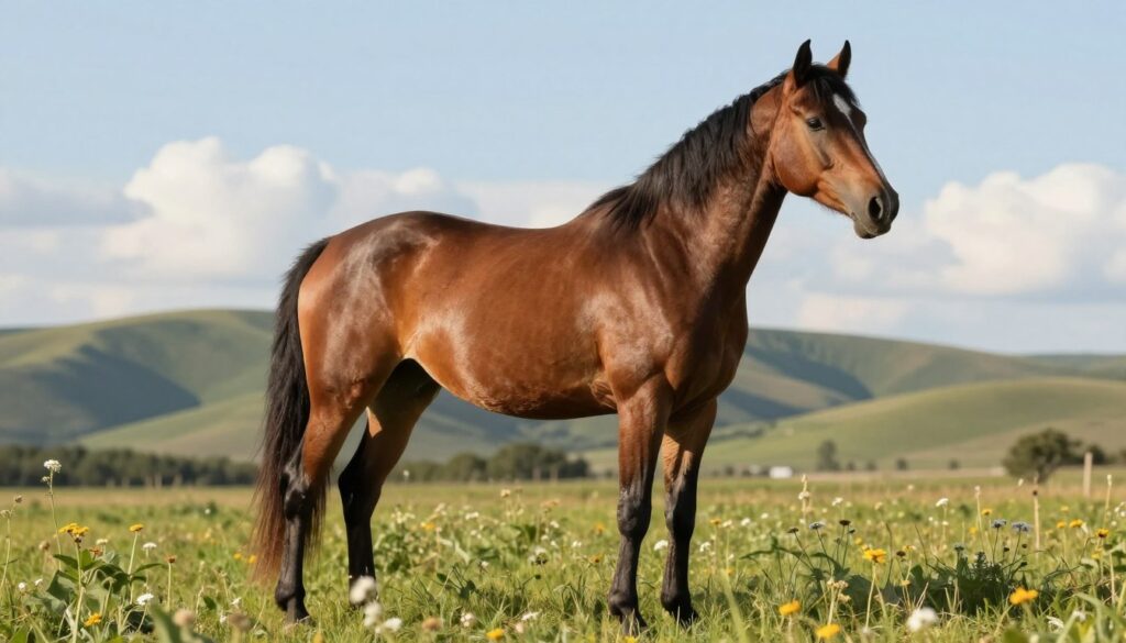 A majestic horse of a specific breed, standing proudly in a lush green pasture. In the foreground, capture the intricate details of its coat, shining under the soft, warm sunlight. The middle ground includes a backdrop of rolling hills and a few scattered wildflowers, showcasing the natural habitat. The horse's strong body language and alert posture embody vitality and health, reflecting genetic strength and breed characteristics. The background features a clear blue sky with a few fluffy clouds, adding to the sense of peace and longevity. The composition is shot from a slightly low angle to emphasize the horse's grandeur. The overall mood is serene and harmonious, symbolizing the richness of equine life and genetics.