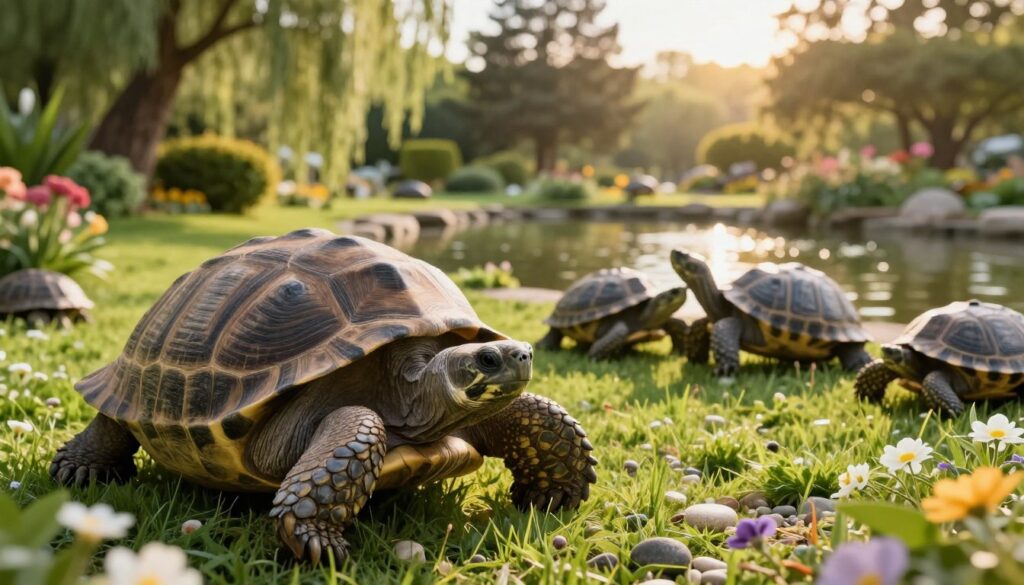 A majestic scene showcasing a variety of turtles, including a strikingly old tortoise with deep-set, wise eyes, symbolizing longevity. In the foreground, the tortoise rests on a lush patch of green grass, surrounded by delicate flowers and small pebbles. In the middle ground, a couple of younger turtles playfully interact near a serene pond reflecting the sunlight. The background features a tranquil garden setting with gently swaying trees and vibrant foliage, bathed in warm, golden-hour lighting. The atmosphere is peaceful and reflective, emphasizing the beauty of nature and the impressive lifespans of turtles. Shot from a low angle to enhance the turtles' presence and depth of field, inviting viewers to appreciate the serenity of this moment.