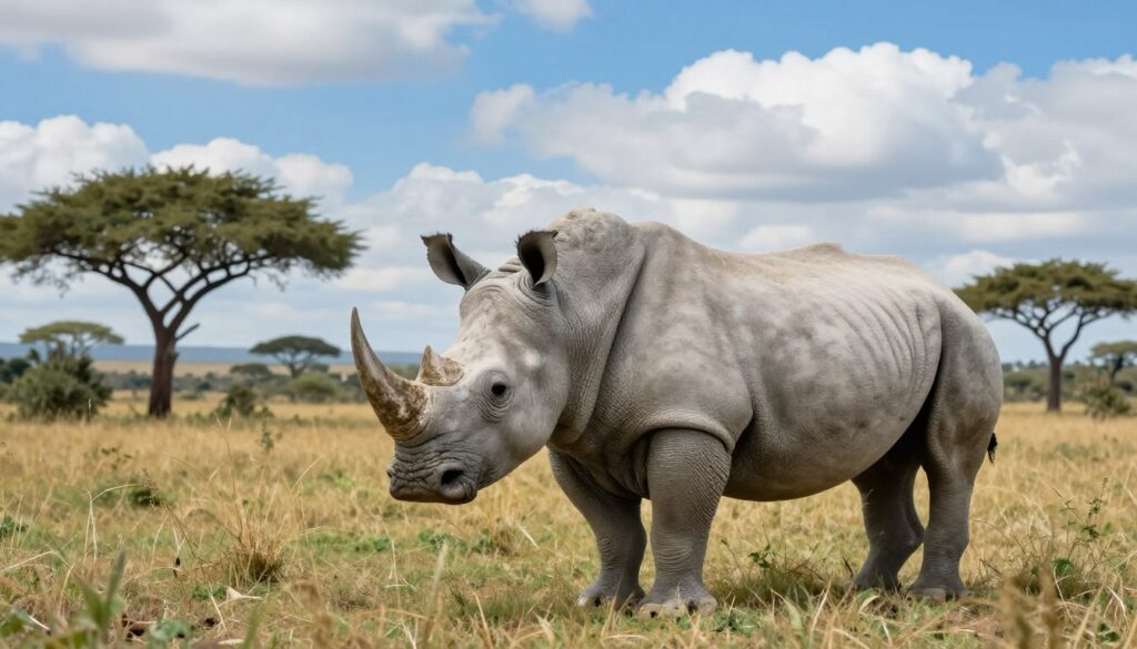 A majestic white rhinoceros stands proudly in the foreground, showcasing its distinct large, square lip and thick, wrinkled skin. Its powerful body is bathed in soft, natural light, highlighting the texture of its greyish-white skin. In the middle ground, a lush savanna landscape unfolds, dotted with acacia trees and patches of golden grass to provide a sense of habitat. In the background, a vibrant blue sky is adorned with fluffy white clouds, contributing to a serene atmosphere. The composition captures the elegance and strength of the rhinoceros, while conveying a mood of tranquility and majesty, emphasizing this remarkable species in its natural environment. The scene should be framed as if taken with a wide-angle lens to enhance the sense of space and depth.