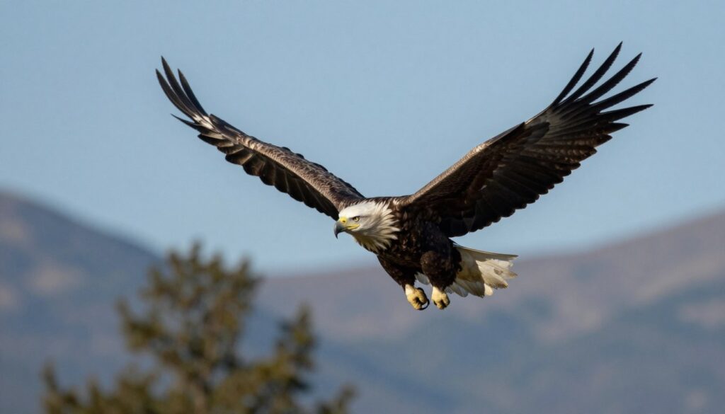 A majestic white-tailed eagle (bielik) soaring gracefully against a clear blue sky, showcasing its impressive wingspan. In the foreground, the eagle is depicted with its distinctive white head and tail, contrasting sharply against its dark brown body. The wings are fully extended, displaying the characteristic large, powerful feathers. In the middle ground, tree tops are visible, emphasizing the eagle's elevated position in flight. The background reveals softly blurred mountains, creating a sense of depth and tranquility. Soft sunlight highlights the eagle's feathers, casting gentle shadows below. The atmospheric mood reflects a serene and majestic natural habitat, capturing the essence of the bielik in its wild environment. The camera angle is slightly below the eagle, emphasizing its grandeur and allowing the viewer to appreciate its stunning form and wingspan.