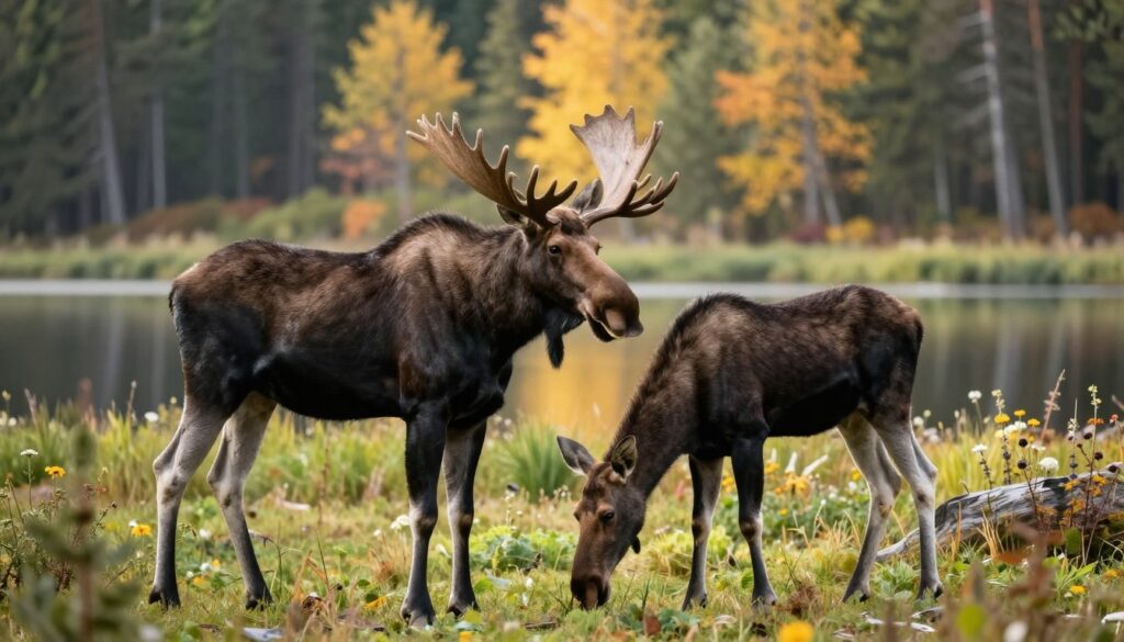 A male and female moose standing side by side in a serene forest setting, showcasing their physical differences and size variations. The male moose, larger with prominent antlers, stands proudly in the foreground, while the slightly smaller female moose grazes peacefully, emphasizing her slender frame. Sunlight filters through the trees, casting gentle beams and creating a warm atmosphere. Surround the moose with lush greenery and wildflowers in the middle ground, adding depth to the scene. In the background, a soft-focus view of a tranquil lake reflects the vibrant colors of autumn foliage, enhancing the serene ambiance. Capture the moment from a low angle to highlight the majesty of these majestic animals against the natural beauty of their habitat.