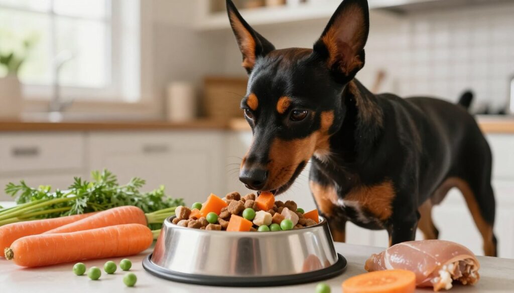 A miniature Pinscher in a cozy kitchen setting, eagerly sniffing a bowl filled with healthy dog food, featuring fresh vegetables and high-quality protein. In the foreground, focus on the Pinscher's shiny coat and attentive expression, embodying vitality and curiosity. In the middle, the bowl of nutritious food sits on a clean surface, surrounded by natural ingredients like carrots, peas, and chicken. The background shows a warm and inviting kitchen with soft, natural lighting pouring through a window, creating a homely atmosphere. The angle is slightly elevated, capturing the dog's perspective as it interacts with its diet. The mood is cheerful and nurturing, emphasizing the importance of a well-balanced diet for the health and longevity of the breed.