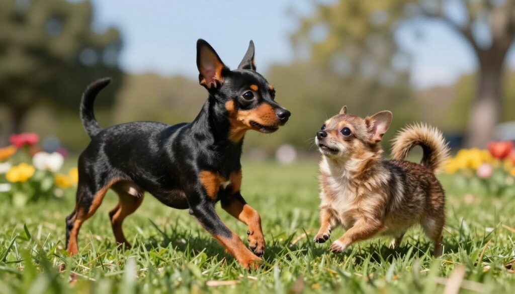 A miniature pinscher and a ratlerek playfully interact in a sunlit park setting. In the foreground, the miniature pinscher, sleek and energetic, showcases its distinctive black and tan coat, displaying confidence and agility. The ratlerek, smaller and charming, has a wiry brown coat and an inquisitive expression, similar to a Chihuahua, with perky ears and bright eyes. In the middle ground, a vibrant green grass carpet hosts a few colorful flowers, creating a lively atmosphere. The background features softly blurred trees and a clear blue sky, capturing a warm, inviting day. The mood is joyful and playful, with soft, natural lighting illuminating the dogs, highlighting their unique features and playful demeanor. The image is taken from a slightly low angle to emphasize their interaction.