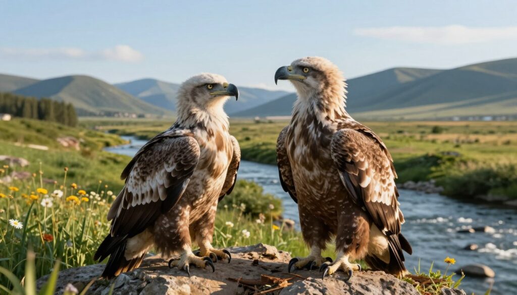 A pair of young white-tailed eagles perched on a rugged cliff, their feathers a mix of soft browns and creams, glistening in the warm afternoon sunlight. In the foreground, focus on their sharp beaks and curious, intelligent eyes, exhibiting a sense of alertness. The middle ground features a lush, green landscape dotted with patches of wildflowers and a gently flowing river, highlighting the vitality of their natural habitat. In the background, a clear blue sky stretches over distant mountains, creating a serene backdrop. The lighting is soft and golden, capturing the essence of a peaceful day. The mood is hopeful, symbolizing the potential and success of these young eagles in their journey to maturity.