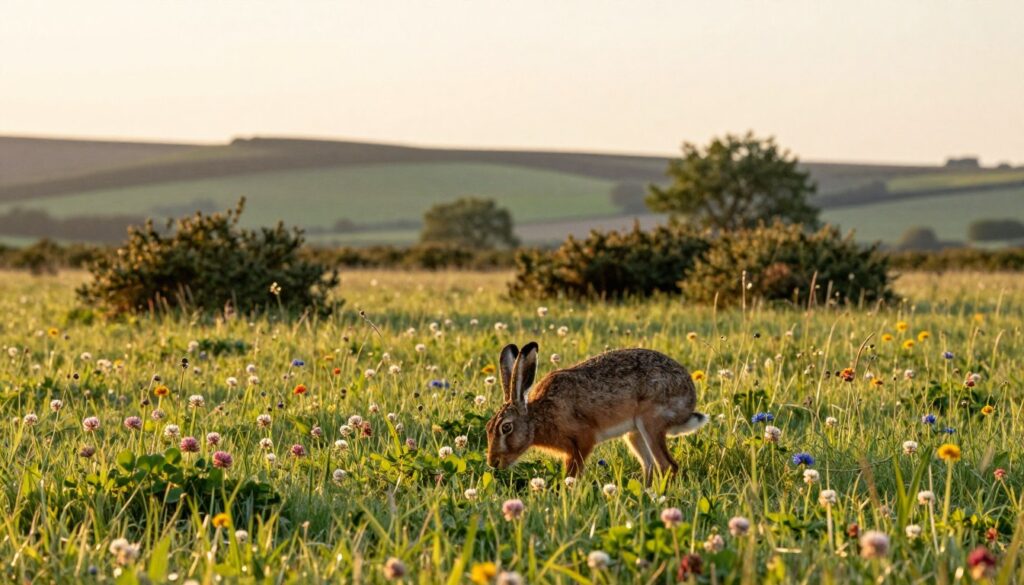 A peaceful meadow in late afternoon light, showcasing a lush habitat for the European brown hare. In the foreground, vibrant green grass and colorful wildflowers sway gently in the breeze, with a brown hare grazing on clover. The middle ground displays patches of shrubbery and small trees, providing shelter. In the background, a soft-focus view of gently rolling hills under a warm, golden sky. The lighting emphasizes a serene atmosphere, capturing the essence of a natural habitat that reflects the conditions affecting the hare’s lifespan. Use a wide-angle lens to create depth and bring focus to the hare, emphasizing its relationship with the environment. The mood is tranquil and inviting, suggesting a perfect home for wildlife.