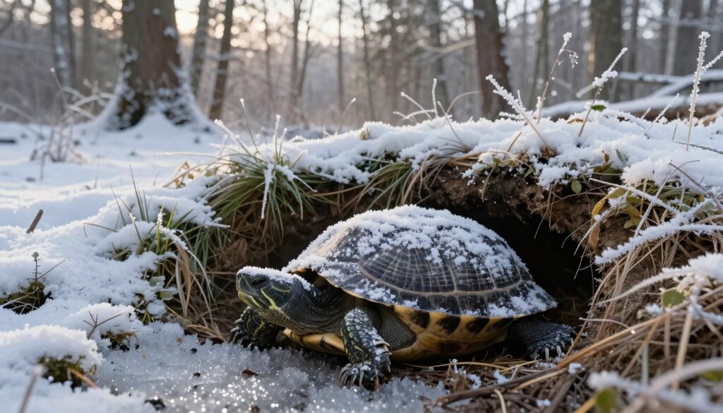 A peaceful winter scene depicting a hibernating turtle nestled in a cozy, partially buried burrow. In the foreground, the turtle is shown with its shell covered in a light layer of snow, its eyes gently closed, suggesting a deep, tranquil sleep. The middle ground features soft, frosted grasses and sparse winter vegetation, with patches of glistening ice crystals reflecting soft, diffused sunlight. In the background, a serene, snow-covered forest creates a calm atmosphere, with tall, slender trees casting delicate shadows. The scene is bathed in soft, natural light, evoking a sense of quiet stillness. The angle is slightly elevated, allowing a clear view of the turtle’s resting spot while capturing the serene beauty of its winter habitat.
