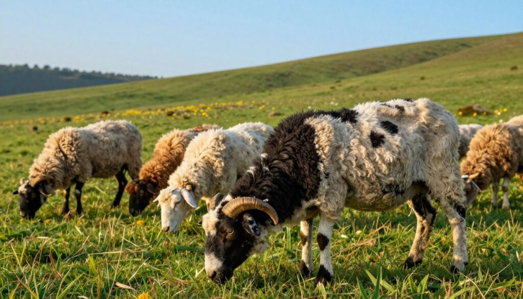 A picturesque scene of a Cameroon sheep grazing in a lush, green pasture under soft, golden hour lighting. The foreground features a healthy, thick-fleeced Cameroon sheep with distinctive black and white markings, showcasing its unique features such as large, curved horns and a robust body. In the middle ground, a few more sheep with varied fleece colors are peacefully munching on grass, illustrating the breed's gentle temperament. The background reveals rolling hills dotted with wildflowers and an idyllic, clear blue sky. The overall mood is serene and vibrant, capturing the essence of pastoral life while emphasizing the breed's beauty and vitality, highlighting factors affecting sheep longevity. A picturesque scene of a Cameroon sheep grazing in a lush, green pasture under soft, golden hour lighting. The foreground features a healthy, thick-fleeced Cameroon sheep with distinctive black and white markings, showcasing its unique features such as large, curved horns and a robust body. In the middle ground, a few more sheep with varied fleece colors are peacefully munching on grass, illustrating the breed's gentle temperament. The background reveals rolling hills dotted with wildflowers and an idyllic, clear blue sky. The overall mood is serene and vibrant, capturing the essence of pastoral life while emphasizing the breed's beauty and vitality, highlighting factors affecting sheep longevity.