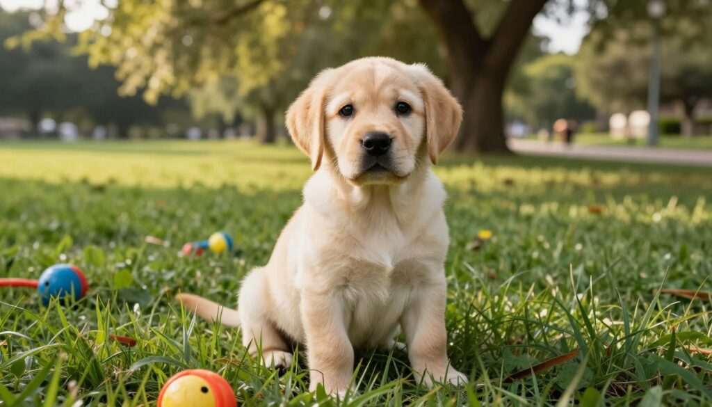 A playful Labrador Retriever puppy sitting in a lush green grassy area, its golden fur glistening under warm sunlight. The puppy is looking directly at the viewer with bright, curious eyes, longing for attention. In the background, a serene park setting with trees swaying gently in the breeze and a soft, blurred pathway leading into the distance, enhancing the sense of tranquility. The foreground features a few colorful toys scattered around to suggest a lively, nurturing environment. The image captures a warm, inviting atmosphere, emphasizing the joy and innocence of choosing the right puppy for a loving home. The lighting is soft and natural, evoking a sense of warmth and companionship.