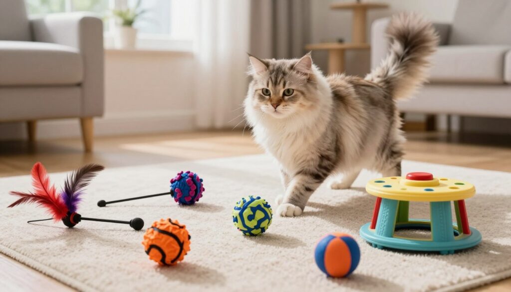 A playful scene featuring various colorful cat toys designed for an active feline lifestyle. In the foreground, showcase a variety of engaging cat toys, such as feather wands, crinkly balls, and interactive puzzle toys, all designed to stimulate a cat's natural hunting instincts. In the middle ground, a Siberian cat is energetically playing with the toys, showcasing its robust physique and fluffy coat. The background should depict a cozy, well-lit living room with soft natural light filtering through a window, enhancing the warm and inviting atmosphere. The overall mood is lively and cheerful, illustrating the importance of play in a cat's health and longevity. Capture this moment from a slightly elevated angle to provide a comprehensive view of the scene.