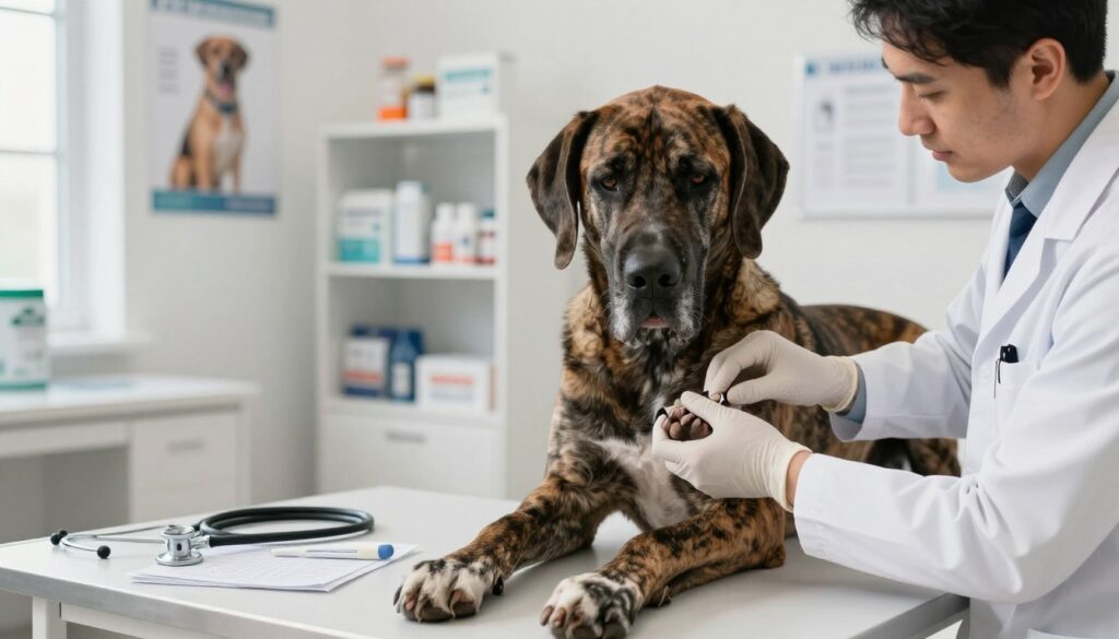 A professional veterinarian conducting a thorough examination of a large Great Dane in a well-lit clinic. In the foreground, the vet, wearing a white lab coat and safety gloves, gently holds the dog's paw, inspecting its nails with a focused expression. The Great Dane, with its distinctive brindle coat, looks relaxed and calm on the examination table. In the middle ground, various veterinary tools like a stethoscope, thermometer, and medical charts are neatly arranged, emphasizing the clinical environment. In the background, shelves filled with pet care products and a poster on dog health can be seen, creating an informative atmosphere. Soft natural lighting illuminates the scene, contributing to a mood of care and professionalism. The angle captures both the vet's attentive demeanor and the dog's majestic stature, fostering an atmosphere of trust and compassion.