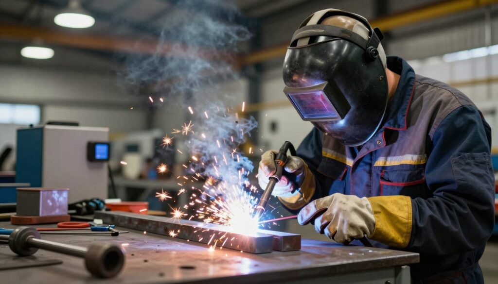 A professional welder in a modern workshop, wearing a safety helmet and protective clothing, expertly using a welding torch to join metal pieces together. The foreground focuses on the welder's skilled hands maneuvering the torch with precision, while sparks fly dramatically around them. In the middle ground, various welding tools and equipment are neatly arranged on a workbench, emphasizing the technical aspect of the trade. The background features an industrial setting with metal structures and bright overhead lights, casting a warm glow over the scene. The atmosphere conveys dedication and professionalism, highlighting the importance of qualifications and safety in the welding profession. The image is well-lit, with a slightly blurred background that keeps the focus on the welder's work.