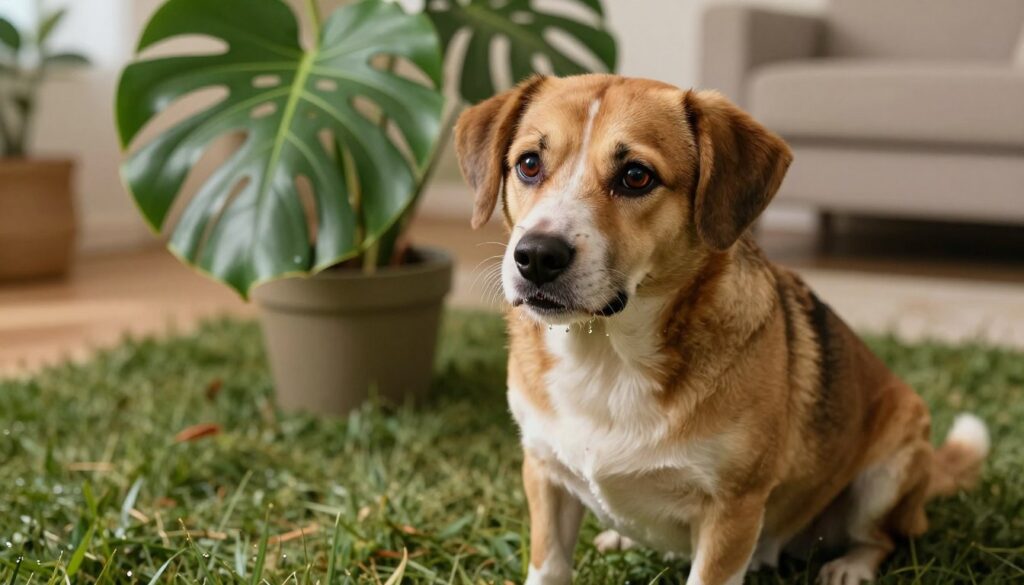 A realistic depiction of a dog in distress, sitting on a grassy patch in a well-lit room. The dog's eyes are wide and expressive, conveying discomfort and anxiety, with potential signs of vomiting nearby. The foreground features a clear view of the dog's fur, which should be a mix of brown and white, with droplets of saliva at the corners of its mouth. In the middle ground, a Monstera plant should be visible, with some of its leaves slightly chewed or damaged. The background includes a soft, blurred home environment, providing a sense of familiarity. The lighting is warm, creating a poignant and concerned atmosphere. Capture this scene from a slightly elevated angle to emphasize the dog's plight and the plant’s presence.
