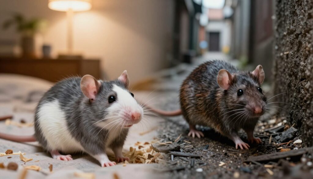 A realistic scene featuring two contrasting rats: in the foreground, a domestic rat with soft, smooth fur in shades of gray and white, sitting comfortably on a cozy bed of bedding, displaying curious and friendly expressions; in the middle ground, a wild rat with rough, darker fur, scurrying cautiously near the edges of a dense urban alley, its eyes glistening with alertness. The background showcases a blurred view of both a warm, well-lit home setting and a gritty, shadowy alley, illustrating their different habitats. The lighting is soft and warm for the domestic rat, contrasting with harsh, harsh lighting for the wild rat, creating a juxtaposition between safety and survival. The atmosphere is informative and engaging, emphasizing the differences in life expectancy as suggested by their environments.