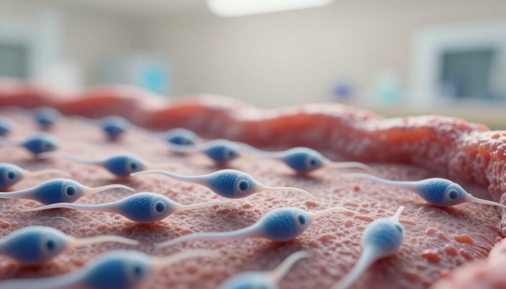 A scientifically accurate illustration showing the interaction of sperm cells in a microscopic environment. The foreground features a detailed close-up of numerous sperm cells, showcasing their tails and heads, representing movement and vitality. The middle ground demonstrates the contours of healthy tissue, to symbolize a biological context. The background is softly blurred, depicting a neutral color palette to keep focus on the sperm cells. The lighting is bright and clinical, mimicking laboratory conditions, with a sharp focus that enhances the details of the sperm cells. The atmosphere should evoke a sense of scientific inquiry, emphasizing the biological processes involved in human reproduction, framed in a professional and educational manner. A scientifically accurate illustration showing the interaction of sperm cells in a microscopic environment. The foreground features a detailed close-up of numerous sperm cells, showcasing their tails and heads, representing movement and vitality. The middle ground demonstrates the contours of healthy tissue, to symbolize a biological context. The background is softly blurred, depicting a neutral color palette to keep focus on the sperm cells. The lighting is bright and clinical, mimicking laboratory conditions, with a sharp focus that enhances the details of the sperm cells. The atmosphere should evoke a sense of scientific inquiry, emphasizing the biological processes involved in human reproduction, framed in a professional and educational manner.
