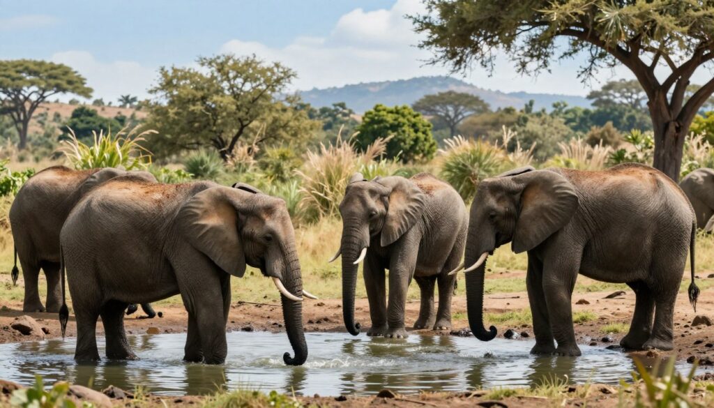 A serene African landscape featuring a group of African elephants gathered around a waterhole, crucial for their survival. The foreground showcases an elephant drinking from the water, its trunk submerged, while another is playfully splashing water onto its body. In the middle ground, lush vegetation and various types of grasses represent the elephants' vital food sources. A gentle sunlight filters through the trees, creating dappled patterns on the ground, enhancing the tranquility of the scene. The background includes distant hills under a bright blue sky, adding depth to the composition. The overall mood is peaceful and harmonious, highlighting the importance of water and food in the elephants' life. Capture this moment with a soft focus on the elephants, emphasizing their interactions.