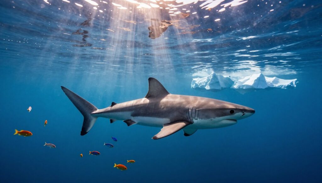 A serene and captivating underwater scene in the Arctic waters featuring sharks gracefully swimming among the vibrant marine life. In the foreground, a majestic great white shark gliding smoothly, its sleek body illuminated by shafts of soft sunlight filtering from above. In the middle, schools of smaller, colorful fish swirl around, showcasing the rich biodiversity of this icy environment. The background reveals a stunning vista of shimmering icebergs and a deep blue ocean, with a subtle hint of sunlight refracting through the water. The overall mood is tranquil and awe-inspiring, with a focus on the beauty of shark life in their natural habitat, emphasizing the connection between their lifespan, metabolic needs, and the unique characteristics of Arctic waters.