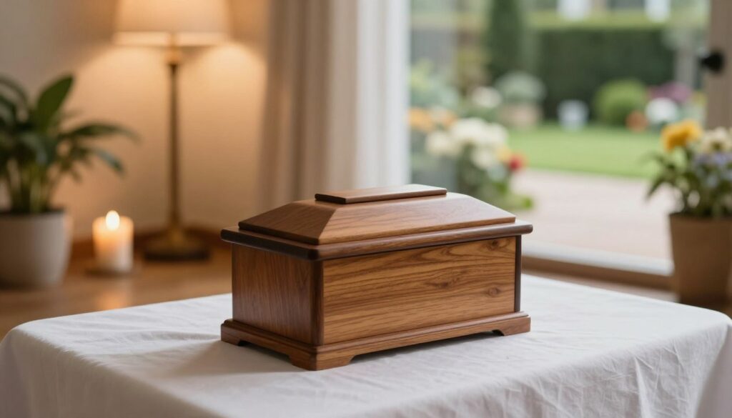 A serene and respectful pet cremation scene, featuring a dignified and serene atmosphere. In the foreground, a small, elegant wooden cremation urn is placed gently on a soft, white cloth. In the middle ground, a tranquil indoor setting with warm, ambient lighting, showcasing gentle light filtering through soft curtains. A comforting presence of plants and candles adds a soothing touch. In the background, a softly blurred image of an outside memorial garden with a peaceful path and flowers signifies remembrance. The angle captures the urn prominently, inviting contemplation. The mood is respectful and calming, aimed at conveying hope and closure for pet owners.