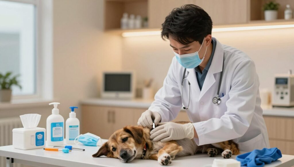 A serene and respectful scene depicting animal body safety and hygiene. In the foreground, a veterinary professional in a clean lab coat, conducting a careful examination of a deceased dog on a table, surrounded by essential tools like gloves and disinfectants. The professional exhibits a focused expression, emphasizing compassion and care. In the middle ground, various hygienic supplies such as wipes, masks, and protective gear are organized and visibly accessible, underscoring the theme of safety. The background displays a softly lit veterinary clinic, with warm colors to create a calming atmosphere. The image captures an informative and respectful tone, highlighting the importance of hygiene during such sensitive moments, with a focus on compassionate handling and proper procedures.