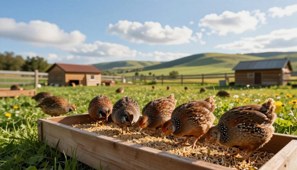 A serene and vibrant farm scene showcasing a well-maintained quail feeding area. In the foreground, a wooden feeding trough filled with a nutritious blend of seeds and grains, attracting several healthy quails with their plump bodies, displaying a mix of rich browns, speckled whites, and golden tones. In the middle ground, lush green grass and scattered wildflowers create a natural habitat, while a few wooden structures suggest a cozy, rustic farm ambiance. The background features soft, rolling hills under a bright blue sky dotted with fluffy white clouds. The lighting is warm and inviting, reminiscent of late afternoon sun, casting gentle shadows and enhancing the vibrant colors. The atmosphere is calm and peaceful, reflecting a nurturing environment conducive to the quails' health and vitality.