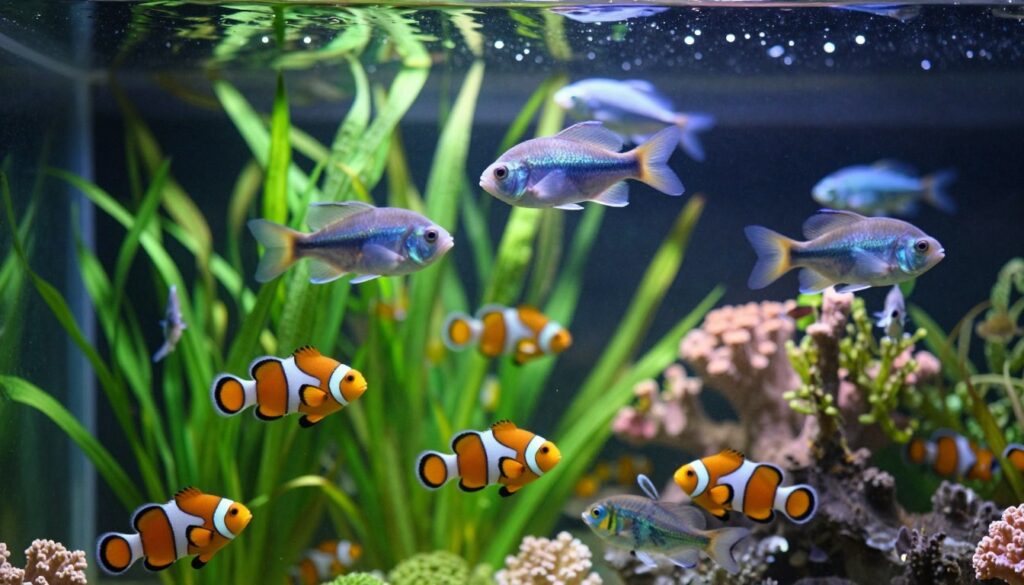 A serene aquarium scene depicting various fish species thriving in optimal water conditions, showcasing vibrant colors and natural behaviors. In the foreground, a variety of tropical fish, such as clownfish and angelfish, swim gracefully around lush green aquatic plants and colorful coral decorations. In the middle ground, larger fish like tetras and guppies dart playfully among the foliage, while the background features softly diffused lighting that highlights the clarity and purity of the water. The aquarium glass reflects subtle light patterns, creating an inviting and tranquil atmosphere, evoking the idea of well-maintained aquatic life. Showcase this peaceful underwater world, emphasizing a healthy environment for fish longevity.