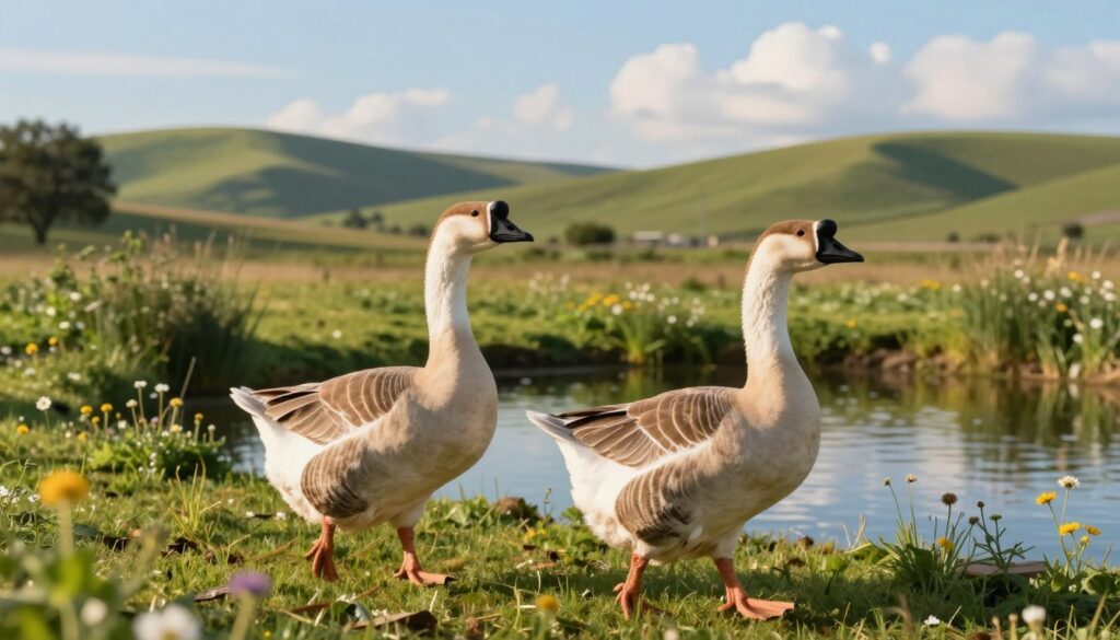 A serene depiction of domestic geese in a lush, pastoral setting, showcasing their lifespan in a natural habitat. In the foreground, two healthy geese gracefully waddle alongside a calm pond, their feathers shimmering in the sunlight. In the middle ground, diverse grassy areas with scattered wildflowers signify the richness of their environment, illustrating a nurturing ecosystem. In the background, soft hills gently rise under a clear blue sky, with a few fluffy clouds adding depth to the scene. The lighting is warm, suggesting a late afternoon sun, casting soft shadows and enhancing the peaceful atmosphere. The overall mood is tranquil and natural, highlighting the vitality and longevity of domestic geese both in practical farming scenarios and their wildlife context.
