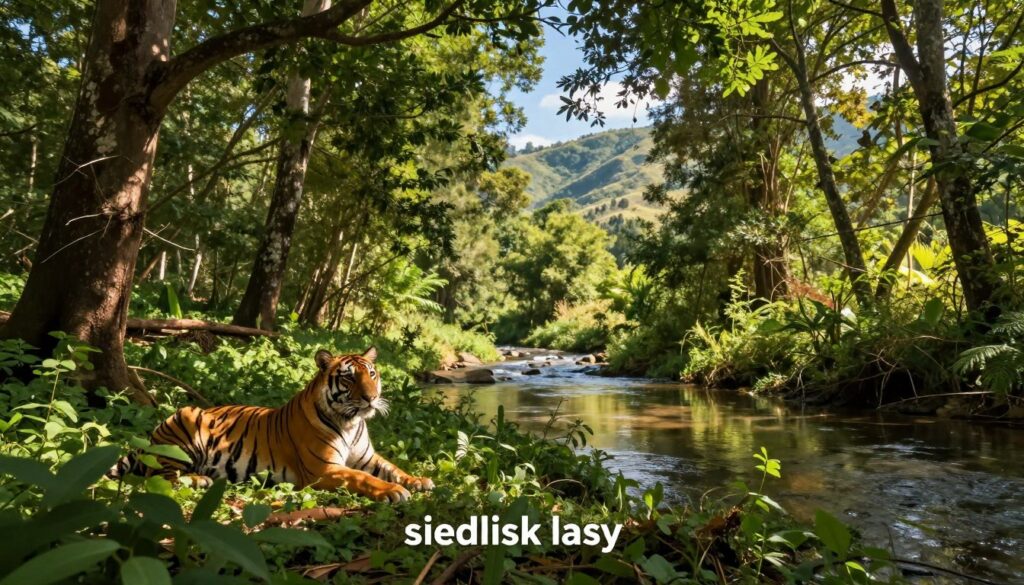 A serene forest clearing, depicting a lush, vibrant habitat of the "siedlisk lasy" or forest homestead. In the foreground, a majestic Bengal tiger lies gracefully among the foliage, its fur dappled with sunlight filtering through the leaves. The middle ground features a mix of dense trees with rich green leaves and a gently flowing stream, reflecting the forest's beauty. In the background, soft hills roll under a bright blue sky. The lighting is warm and inviting, capturing the tranquility of nature. The overall mood of the image is peaceful yet alert, as the tiger embodies the wild's delicate balance. A wide-angle lens offers a sense of depth and immersion in this captivating environment.